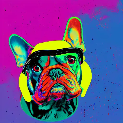 Image similar to illustration of cyberpunk french bulldog in vr helmet, colorful splatters, by andy warhol and by zac retz and by kezie demessance