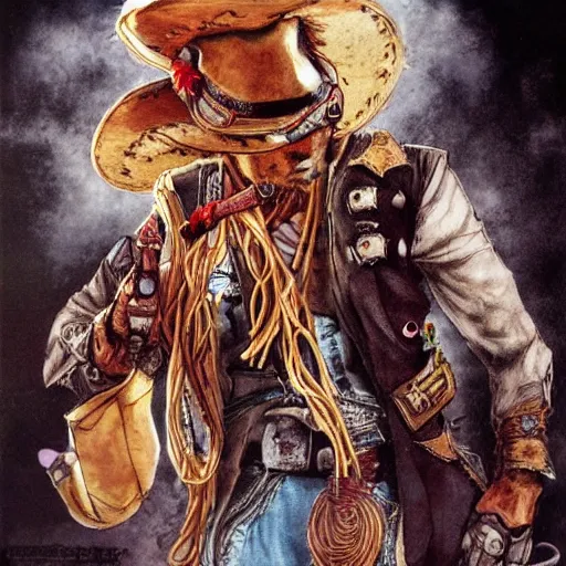 Prompt: spaghetti western, mexican vaquero, yoshitaka amano character design