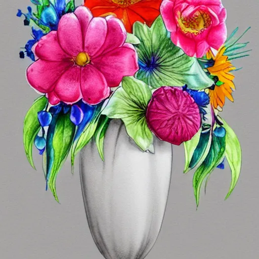Prompt: a porcelain vase with a colorful and beautiful flower arrangement. very stylize and delicate watercolor and pencil drawing. long shotbeautiful lighting, 4 k post - processing, trending in art station, cg society, highly detailed, 5 k extremely detailed