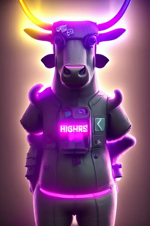 Image similar to high quality 3 d render cyberpunk very cute cyborg cow shaggy! hybrid! drinking beer, highly detailed, unreal engine cinematic smooth, in the style of blade runner & detective pikachu, hannah yata charlie immer, purple neon light, low angle, uhd 8 k, sharp focus