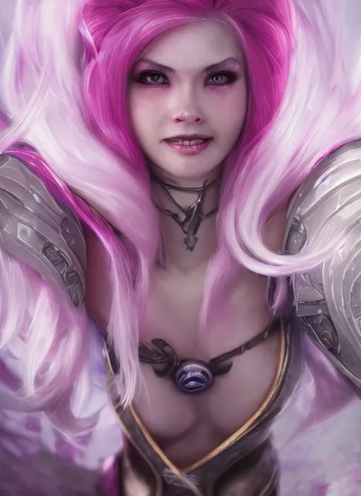 Image similar to smiling syndra, from league of legends, white hair, pink magic, hyper detailed, digital art, au naturel, with abs, trending in artstation, cinematic lighting, studio quality, smooth render, unreal engine 5 rendered, octane rendered, art style by klimt and nixeu and ian sprigger and wlop and krenz cushart