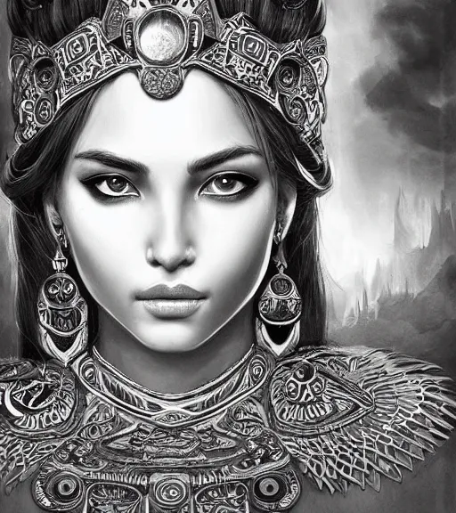 Prompt: beautiful intricate exquisite mayan princess realistic face, beautiful eyes, black and white drawing, in the style of greg rutkowski, fantasy, amazing detail, epic, intricate, elegant, smooth, sharp focus