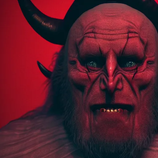 Prompt: A portrait of a Rabbi that is the devil with horns looking at the camera in anger, satan, red skin, dark, ominous, haunting, sinister, close-up, studio lighting, realism, 8k, 3D render, octane 3D, maya, cinema 4D, Blender, red lighting, scary, horror, dark,