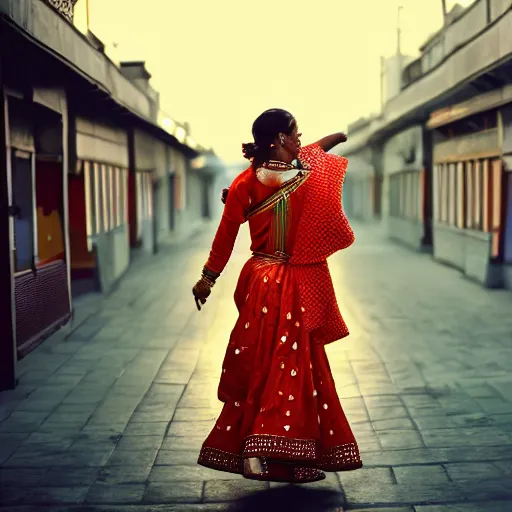 Image similar to a dramatic photograph of a person wearing traditional indian clothes, person wearing indian traditional clothes walking in a modern city, cinematic lighting