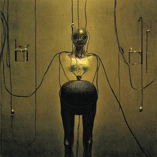 Image similar to alien kept in a holding tank, wires hooked up to body, dark and mysterious science lab, highly detailed beksinski painting