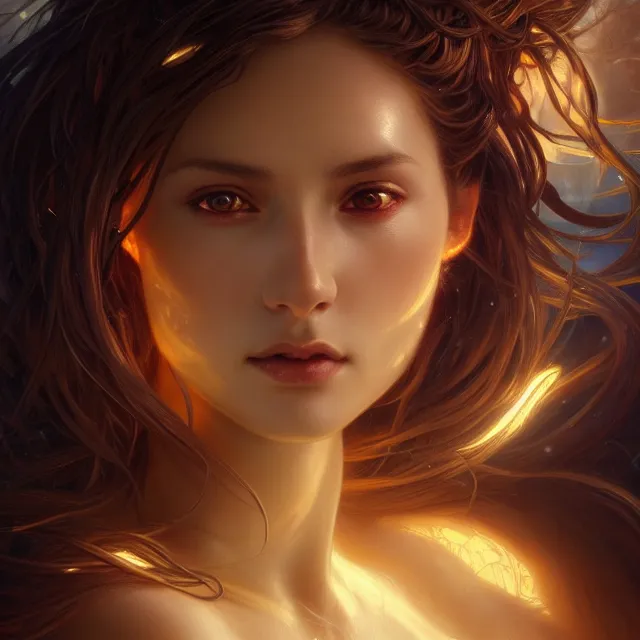 Prompt: close up portrait of a beautiful fantasy female goddess, shiny skin, glowing hair, glowing armor, subsurface scattering, ethereal, artistic, dark glowing background with light rays, fantasy atmosphere. art by artgerm, greg rutkowski and alphonse mucha, highly detailed skin, intricate, lifelike. sci - fi, fantasy, magical, octane render,