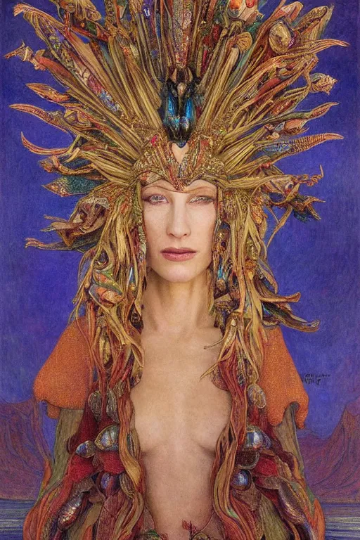 Prompt: cate blanchett , by jean delville and Gaston Bussière and Tino Rodriguez and Diego Rivera , elaborate headdress and embroidered velvet, iridescent beetles, rich color, dramatic cinematic lighting, extremely detailed