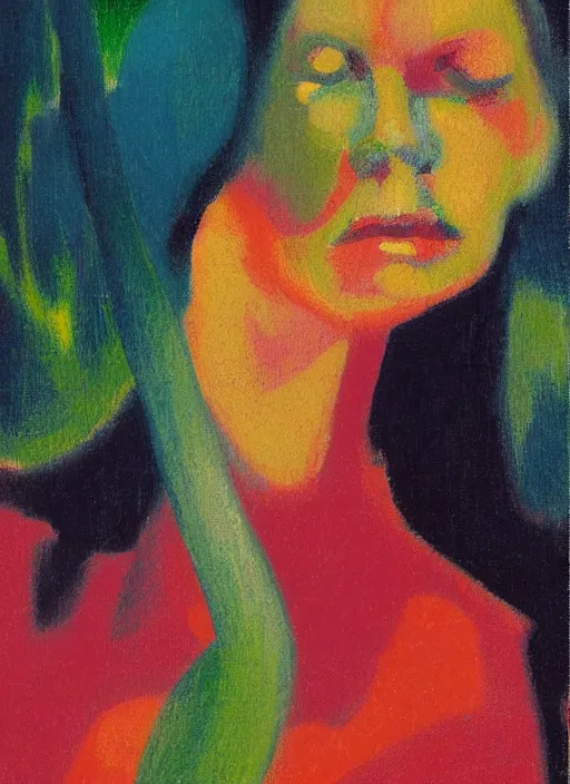 Image similar to an extreme close-up abstract portrait of a lady enshrouded in an impressionist representation of Mother Nature and the meaning of life by Edward Hopper and Igor Scherbakov, abstract colorful lake garden at night, thick visible brush strokes, figure painting by Anthony Cudahy and Rae Klein, vintage postcard illustration, minimalist cover art by Mitchell Hooks