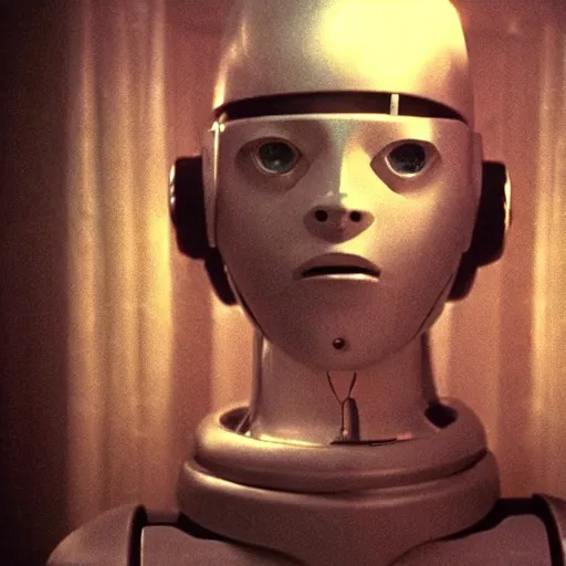 Image similar to movie scene of a man with a robot head, movie still, cinematic composition, cinematic light, criterion collection, reimagined by industrial light and magic, Movie by David Lynch and andrzej zulawski