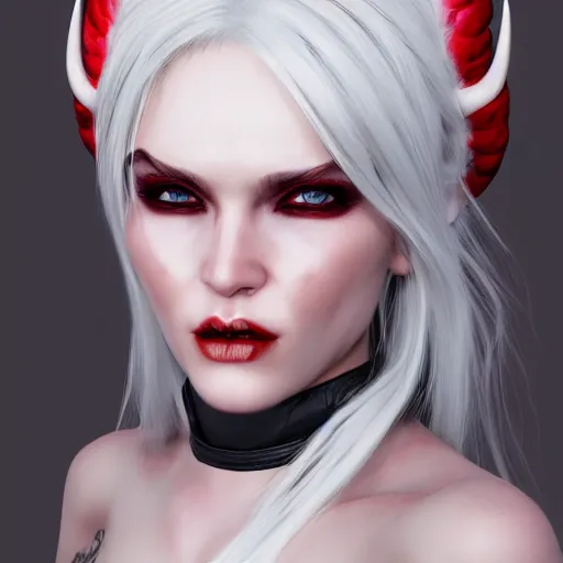 Image similar to a highly detailed portrait of a humanoid demon girl with white hair, red horns, in white clothes, artstation, deviantart, professional, unreal engine 5, photorealistic