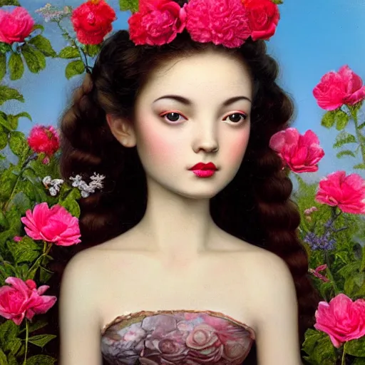 Prompt: a 3 d close up image of a beautiful young women looking at the camera surrounded by lush flowers mark ryden camera, pop