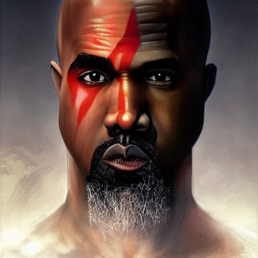 Image similar to cute Kanye West in God of War cover art, ultra wide lens shot , tiny, small, rage, short, cute and adorable, scary, brutal, pretty, beautiful, DnD character art portrait, matte fantasy painting, DeviantArt Artstation, by Jason Felix by Steve Argyle by Tyler Jacobson by Peter Mohrbacher, cinematic lighting