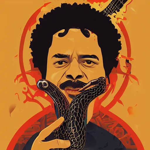 Image similar to portrait of Carlos Santana playing guitar with snakes evolving from his bofy by Sachin Teng and wlop