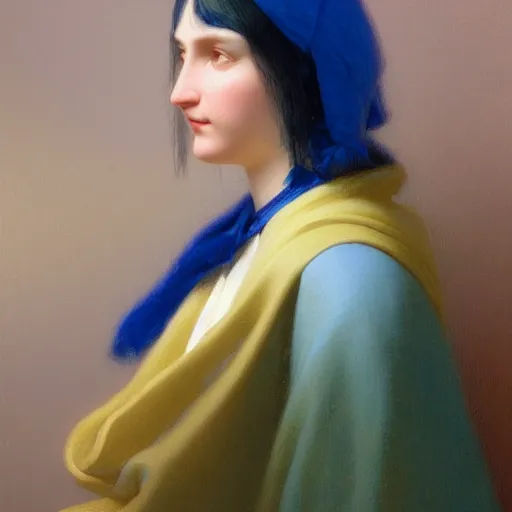 Prompt: a young woman's face, her hair is white and she wears a cobalt blue satin cloak, by ivan aivazovsky and syd mead and moebius and gaston bussiere and roger dean and pieter claesz and paul delaroche and alma tadema and aelbert cuyp and ilya repin, hyperrealistic, volumetric light, octane render