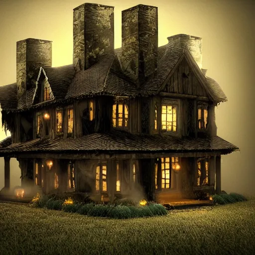 Image similar to village horror house in forest darkness dark render fog highly detailed