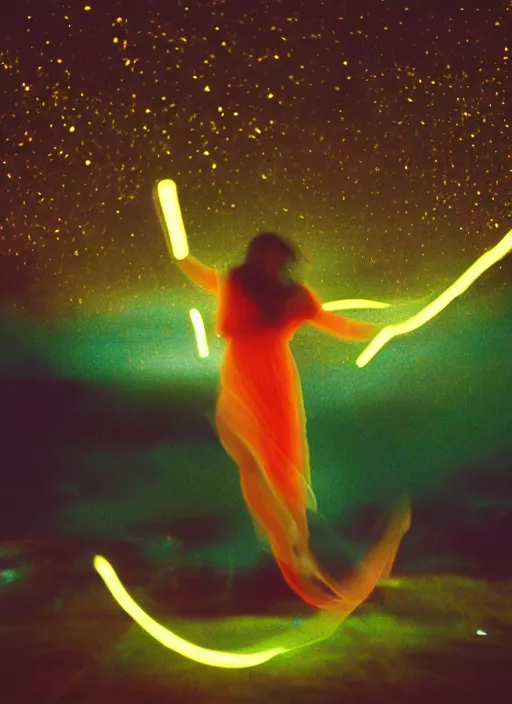 Image similar to female ascending into the sky, glowing aura, motion blur, out of focus, film grain, cinematic lighting, experimental film, shot on 1 6 mm