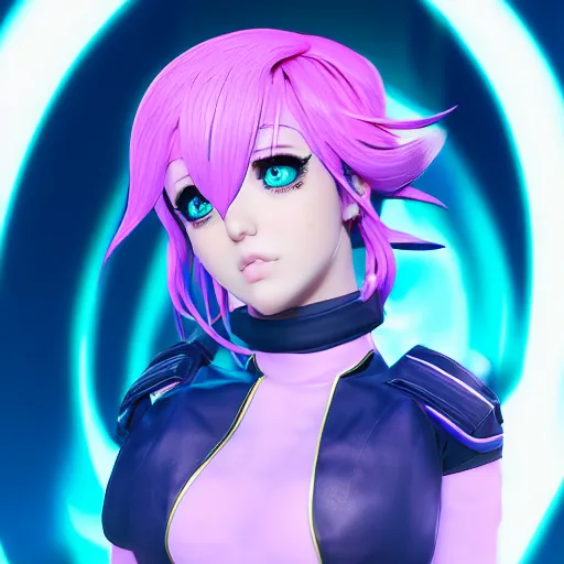 Prompt: extremely bright symmetrical image, taken from an extremely low angle at her feet, stunningly beautiful omnipotent anime goddess with pink hair and mesmerizing cyan eyes, unreal engine 5, 8 k