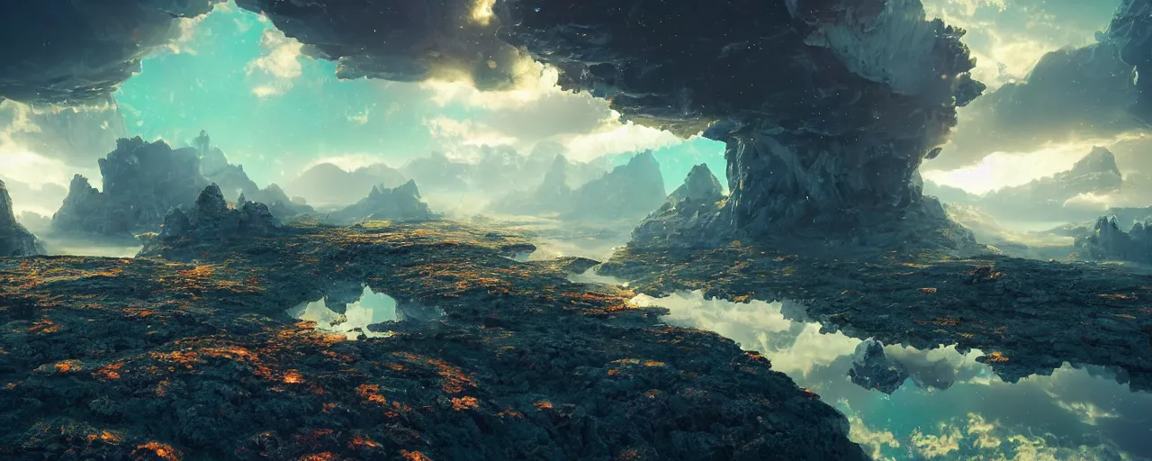 Image similar to ” otherwordly landscape with rystal formations and shiny gemstones, [ by wlop, colourful, cinematic, detailed, epic, widescreen, opening, establishing, mattepainting, photorealistic, realistic textures, octane render ] ”