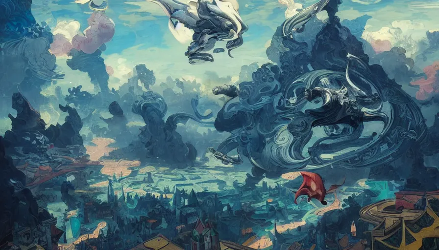 Image similar to man flying silhouette overlooking a multiversal otherworldly realm with flying whale with chic streets and shops and lush volcanic garden and intricate luxurious scifi homes, allegorical style, by peter mohrbacher, jeremy mann, francoise nielly, van gogh, ross tran, beautiful, award winning scenery, clean details, serene