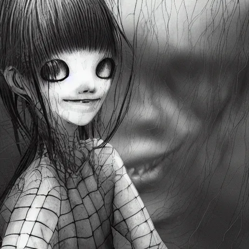 Image similar to “ highly detailed and realistic illustration in the style of junji ito and yoshitaka amano, blurred old photo, noisy film grain texture ”