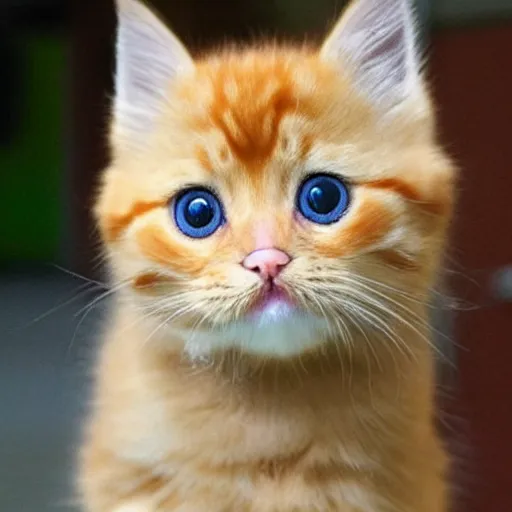 Prompt: surprised cute fluffy orange tabby kitten, big eyes