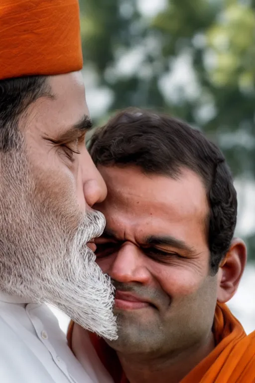 Image similar to narendra modi kissing rahul gandhi, closeup, india, detailed, photography alexey kurylev, cinematic