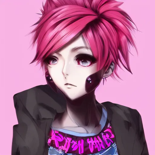 Image similar to full headshot portrait of anime woman with pink pixie cut mohawk punk, digital art, drawn by WLOP, by Avetetsuya Studios, anime manga panel, trending on artstation, wearing a plaid shirt