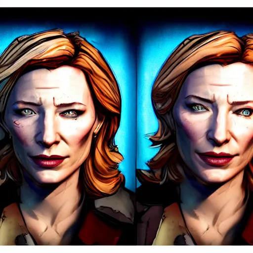 Image similar to cate blanchett portrait, borderlands, tales from the borderlands, the wolf among us, comic, cinematic lighting, studio quality, 8 k