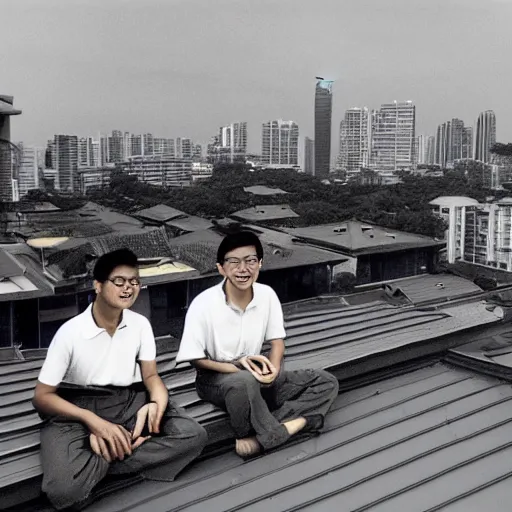 Image similar to two singaporean students in uniform sitting on the roof of a hdb flat, by moebius