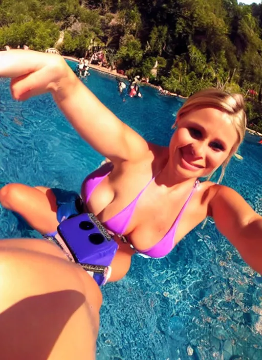 Image similar to viewed from my point of view : date with kristen bell, she's on my bed in bikini, gopro footage