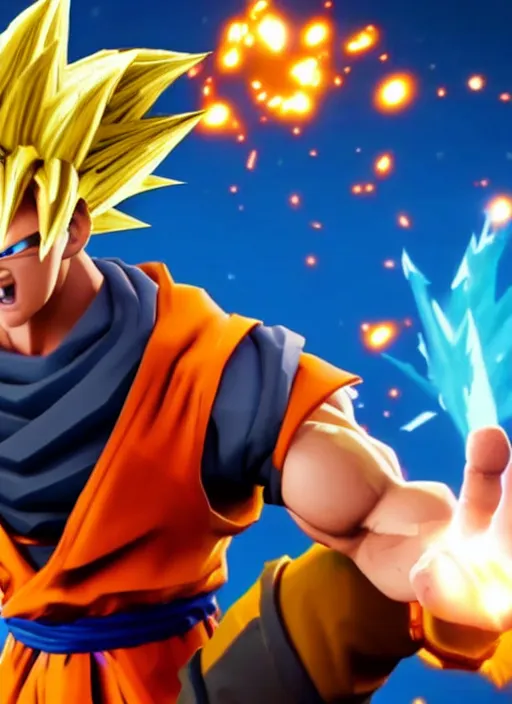 Prompt: game still of super sayan goku as a fortnite skin in fortnite.