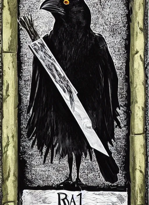 Image similar to portrait of a raven in a vantablack cloak and holding a symbolic weapon. portrait hung up in a windows 9 8 castle. r / oldschoolfantasy