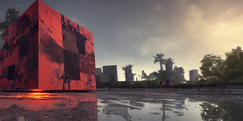 Image similar to highly detailed futuristic huge cube with red and orange glow, on the background brutalist architecture by Le Corbusier, abandoned buildings, empty streetscapes, surrounded by lush green vegetation, ground-level view, puddles of water, stunning volumetric lighting, sunset, trending on Artstation, 8k, photorealistic, hyper detailed, unreal engine 5, cinematic, epic lighting, cryengine, octane render, cyberpunk, dark, gloomy