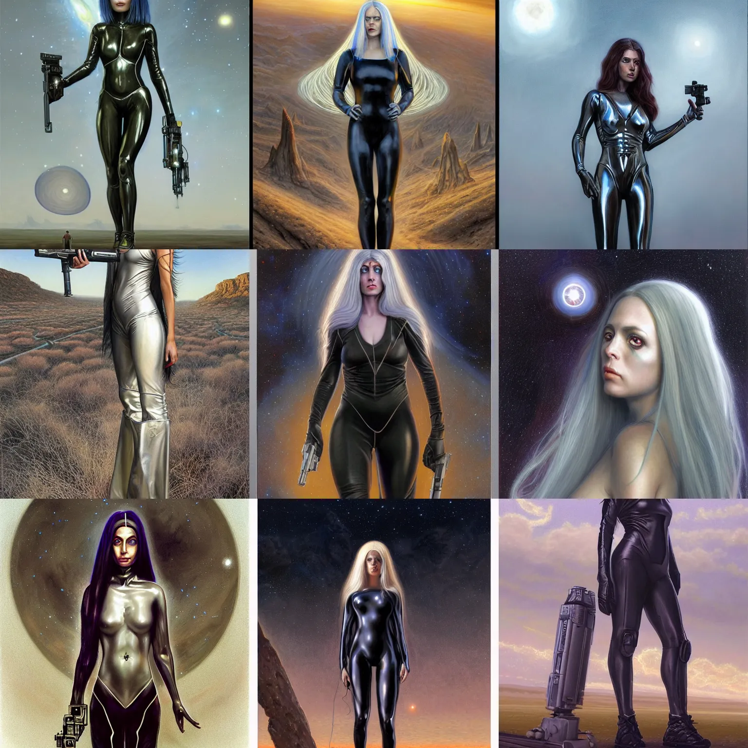 Image similar to pleiadian woman with big eyes and long silver hair wearing a dark body suit and holding a plasma gun as a realistic sci fi character, portrait art by donato giancola and greg rutkowski, digital art, trending on artstation, standing in a barren field, silver hair