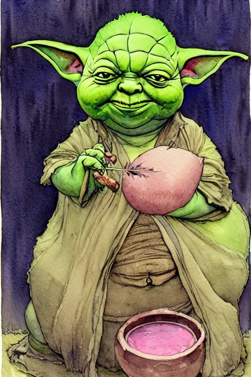 Image similar to a realistic and atmospheric watercolour fantasy character concept art portrait of a fat yoda with pink eyes smiling and holding a blunt with a pot leaf nearby, by rebecca guay, michael kaluta, charles vess and jean moebius giraud