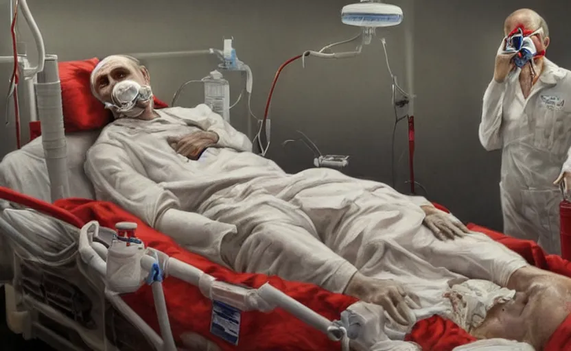 Prompt: hyperrealistic painting of very ill Vladimir Putin as a patient wearing an oxygen mask on a death bed inhaling from Copium tank that stand near his bed, stunning 3d render inspired art by Tim Okamura and Lise Deharme, perfect facial symmetry, dim volumetric lighting, 8k octane beautifully detailed render, post-processing, extremely hyperdetailed, intricate, epic composition, grim yet sparkling atmosphere, cinematic lighting + masterpiece, trending on artstation, very very detailed, masterpiece, stunning