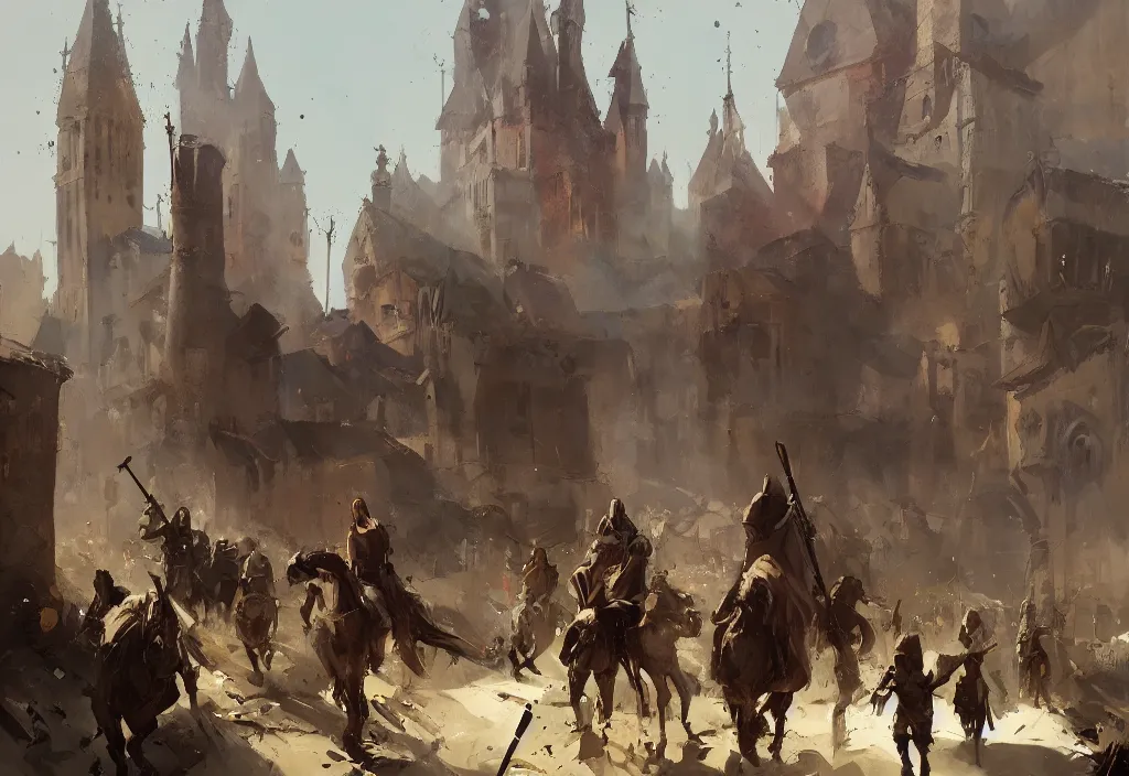 Prompt: ismail inceoglu painting of a medieval situation in the middle ages, painting, trending on artstation, by greg manchess and by craig mullins and by kilian eng and by jake parker