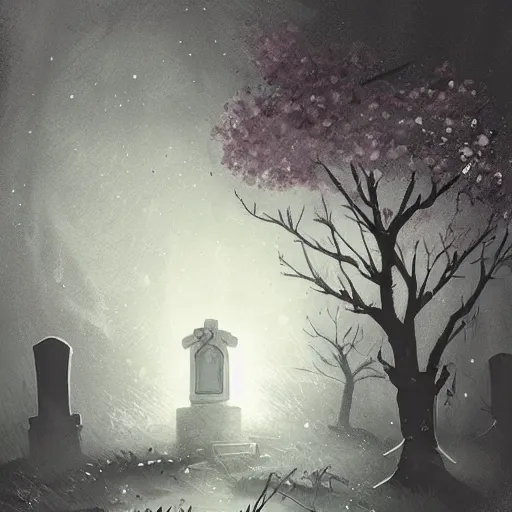 Prompt: a lonely graveyard at night, the moon shine is falling on a specific grave with a sakura tree beneath it, its raining and the atmosphere is oppressive, by aleksandra waliszewska, high detail concept art, cinematic atmosphere