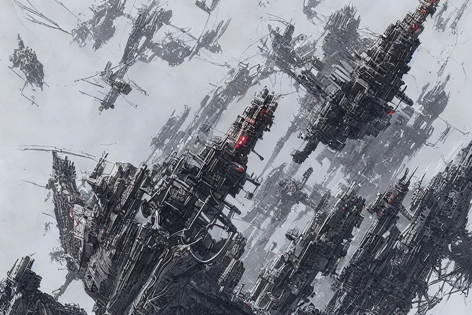 Image similar to cyberpunk battleship in the sky, concept art with intricate line drawings, by John Harris, Emil Melmoth, Craig Mullins, Yoji Shinkawa, trending on artstation, moebius comic, Marc Simonetti, lan McQue, Kentaro Miura, hyper detailed, cinematic