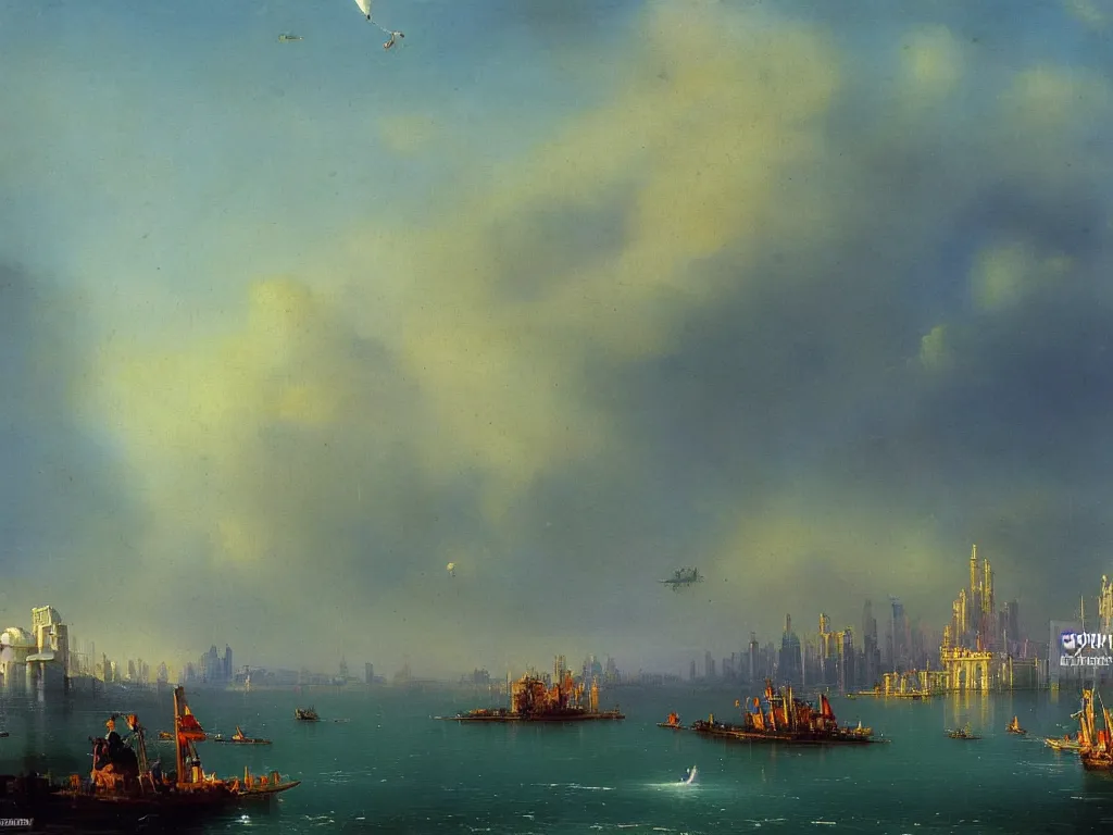 Prompt: futuristic megapolis city skyscrapers spaceships aivazovsky painting