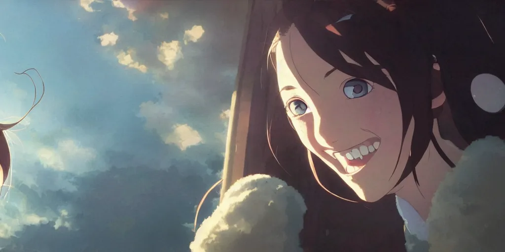 Image similar to a girl with a happy face wakes up in the morning, close up shot from the top, anime art, Greg Rutkowski, studio ghibli, dramatic lighting