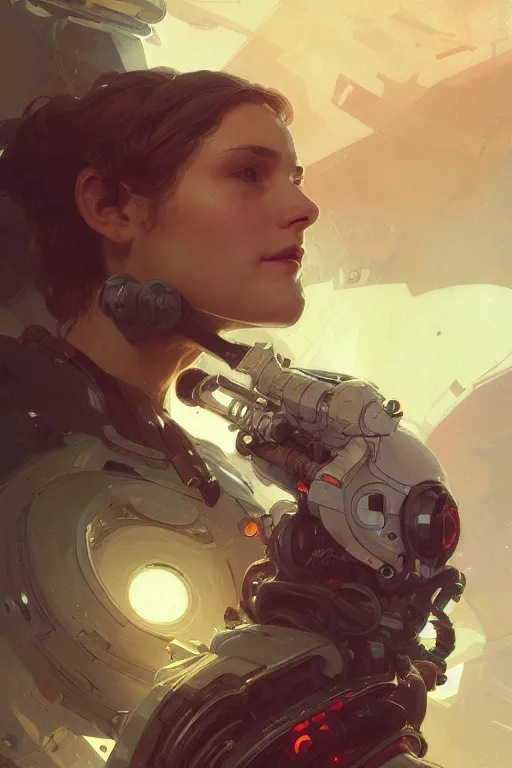 Image similar to A full portrait of a scifi heavy deep space freighter pilot, intricate, elegant, highly detailed, digital painting, artstation, concept art, smooth, sharp focus, illustration, art by Krenz Cushart and Artem Demura and alphonse mucha