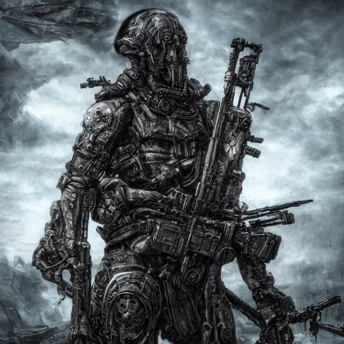 Image similar to apocalyptic man attached to machine weaponry, hyper - detailed, smooth, sharp focus, 4 k ultra hd, fantasy dark art, apocalyptic art