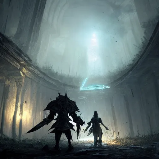 Prompt: Photo of a futile human approaching a giant sentinel king wielding a mythical blade in the abandoned ruins, terror, hysterical, horrifying, digital art, destruction, the void, ominous, crown, fear, very detailed, evil, trending on artstation, intricate details, high definition, 16k, Artstation, by John Wallin Libert, Dark Souls, Elden Ring