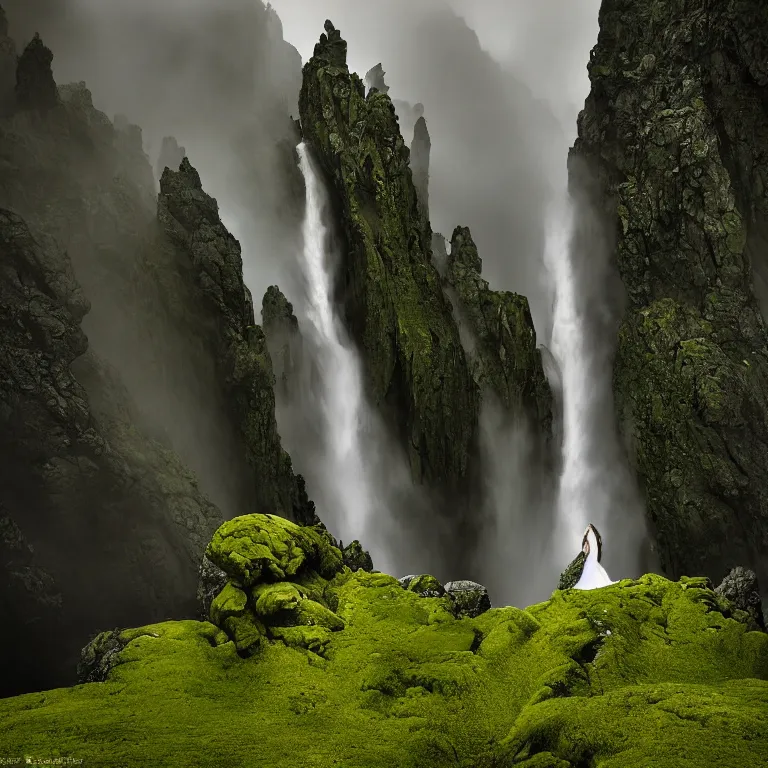 Image similar to dark and moody photo by ansel adams and pedar balke and wayne barlow, a giant tall huge woman in an extremely long white dress made out of smoke, standing inside a green mossy irish rocky scenic landscape, huge waterfall, volumetric lighting, backlit, atmospheric, fog, extremely windy, soft focus