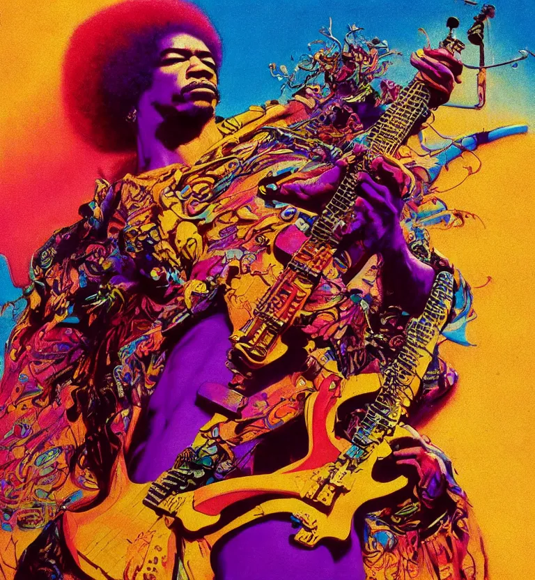 Prompt: colourful afrofuturist jimi hendrix playing guitar biomorphic opart, octane render 8 k, pascal blanche, josh kirby, roger dean, james jean, giger, arthur rackham, moebius, syd mead, killian eng beksinski, greg hildebrandt, scifi, 8 k