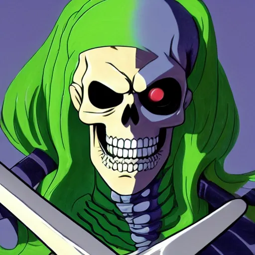 Image similar to portrait painting of skeletor as roronoa zoro, art by eiichiro oda, 4 k, one piece artstyle, cel shaded, highly detailed, epic lighting