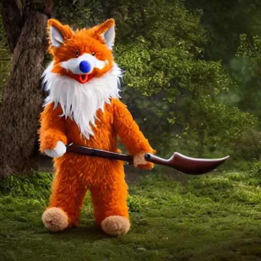 Image similar to photorealistic real life foxfolk wizard druid as a furry muppet plush wearing a fancy elven cloak and holding a sentient scimitar, photography, national geographic, sesame street