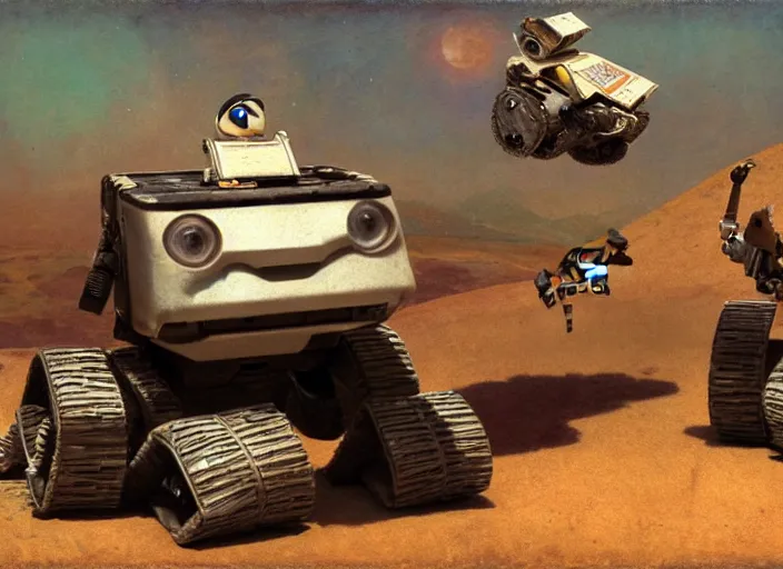 Image similar to polaroid movie still of wall - e on the planet pluto dancing with eva and their robot offspring, artwork by gaston bussiere, craig mullins