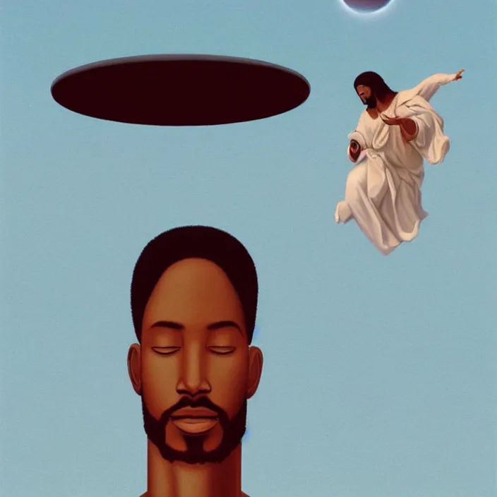 Image similar to UFO hovering over an African Jesus , painting by Hsiao-Ron Cheng,